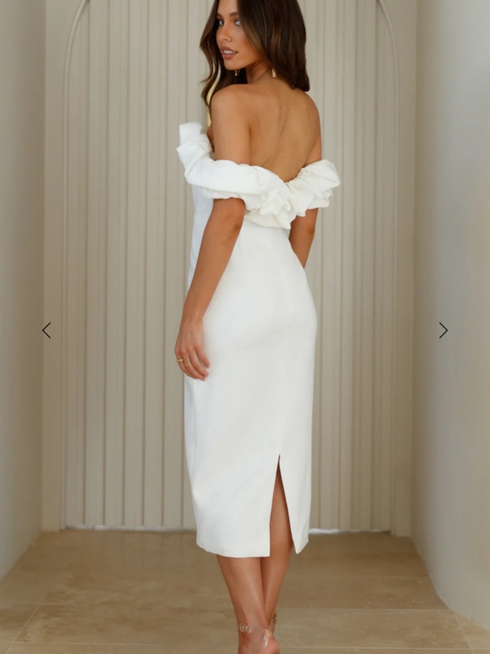 Hello Molly Elegant Off-Shoulder White Midi Dress with Ruffle Detail - Picture 3 of 7